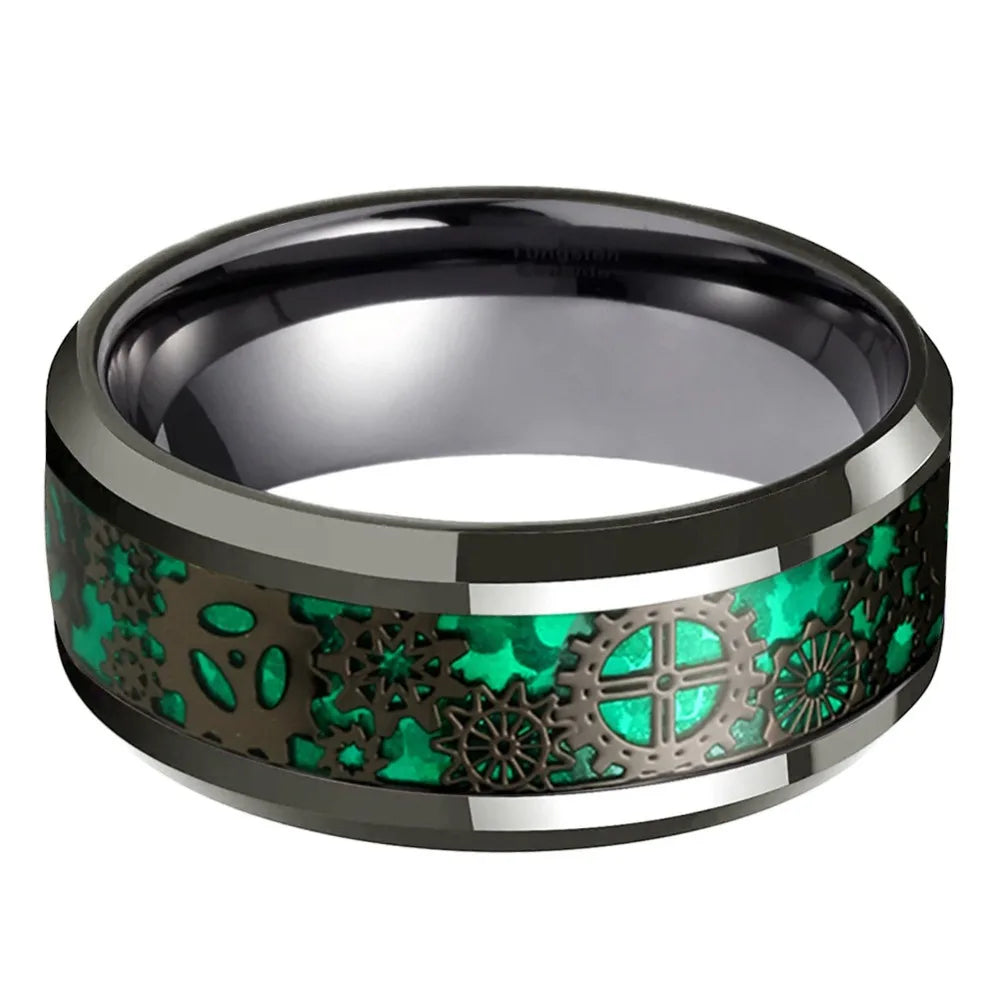 Green Polished Steampunk Ring With Gears elegant