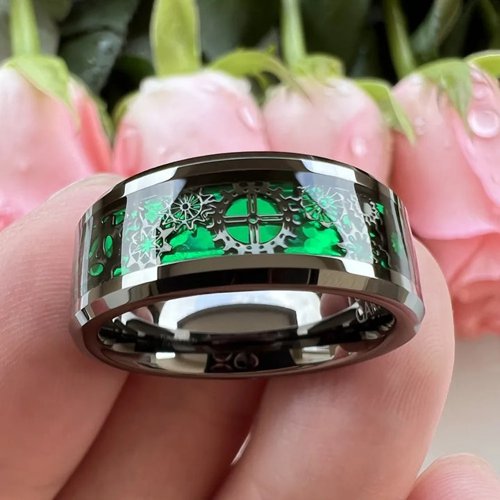 Green Polished Steampunk Ring With Gears unique
