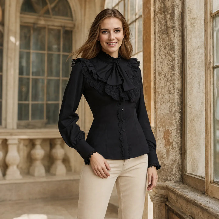 High-Collared Steampunk Shirt With Lace