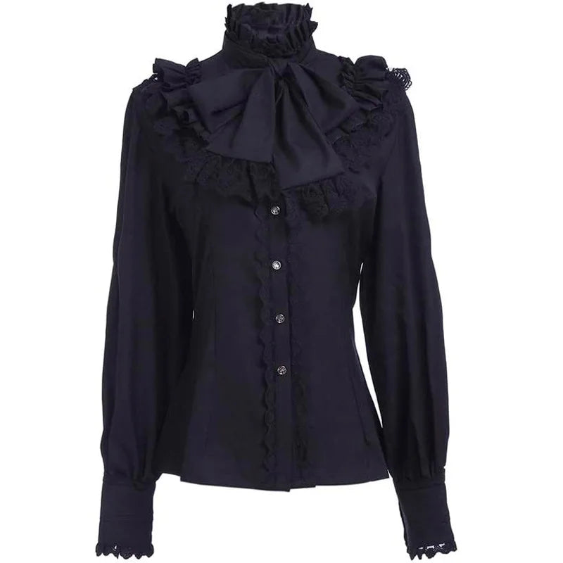 High-Collared Steampunk Shirt With Lace Black