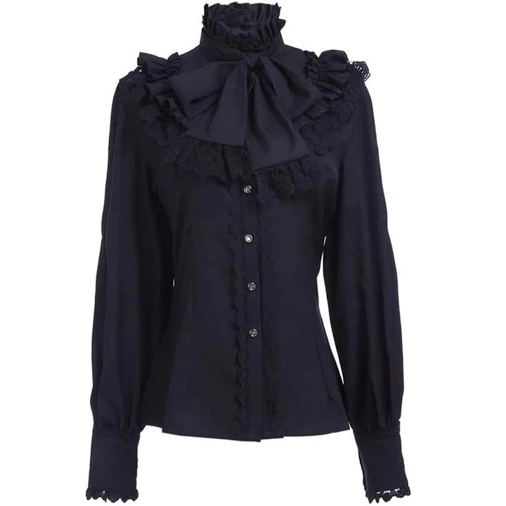 High-Collared Steampunk Shirt With Lace Black