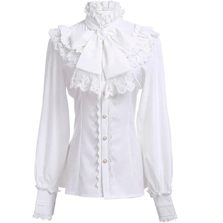 High-Collared Steampunk Shirt With Lace White