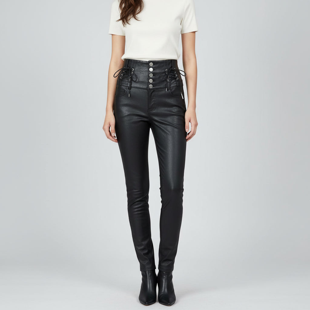 High-Waisted Faux Leather Steampunk Pants With Lacing
