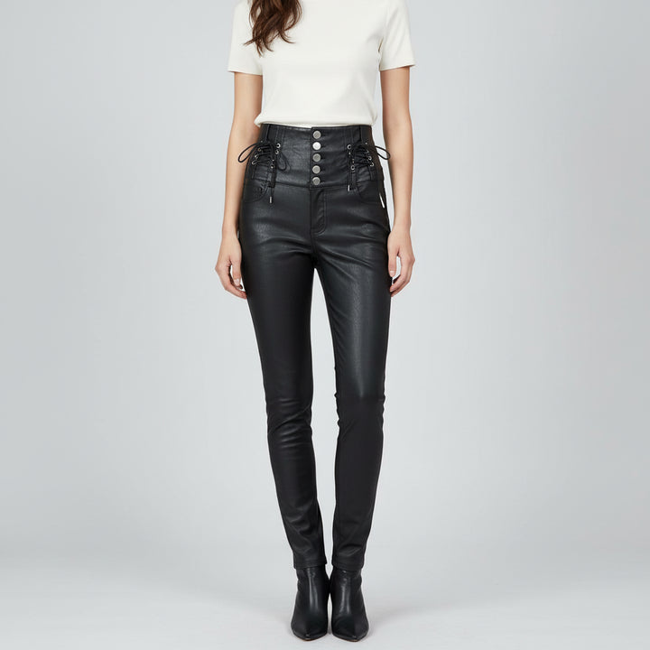 High-Waisted Faux Leather Steampunk Pants With Lacing