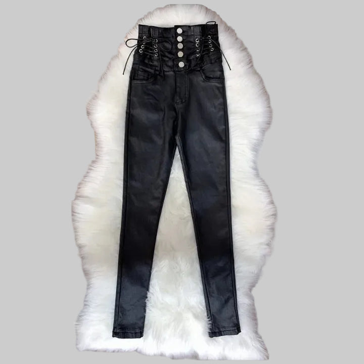 High-Waisted Faux Leather Steampunk Pants With Lacing edgy