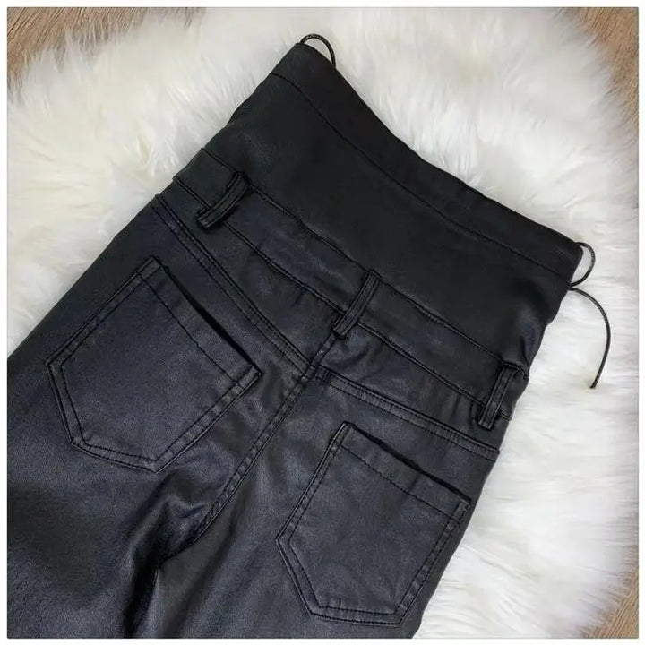 High-Waisted Faux Leather Steampunk Pants With Lacing fitted