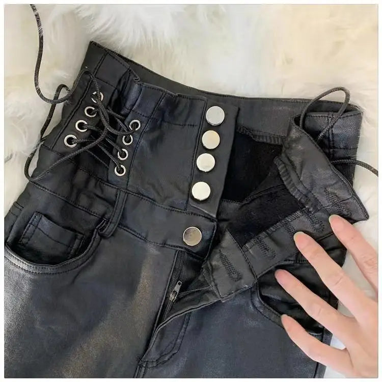 High-Waisted Faux Leather Steampunk Pants With Lacing gothic