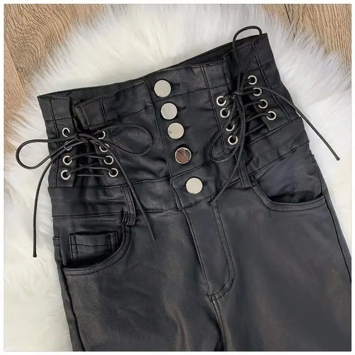 High-Waisted Faux Leather Steampunk Pants With Lacing stylish