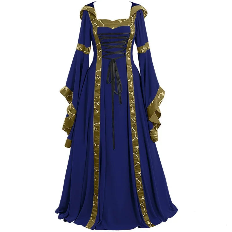 Long Renaissance Steampunk Hooded Dress blue