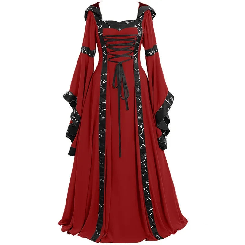 Long Renaissance Steampunk Hooded Dress red