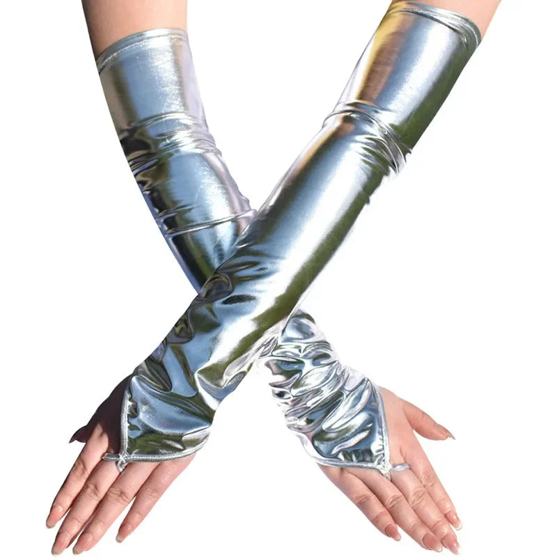 Long Shinny Steampunk Gloves Silver