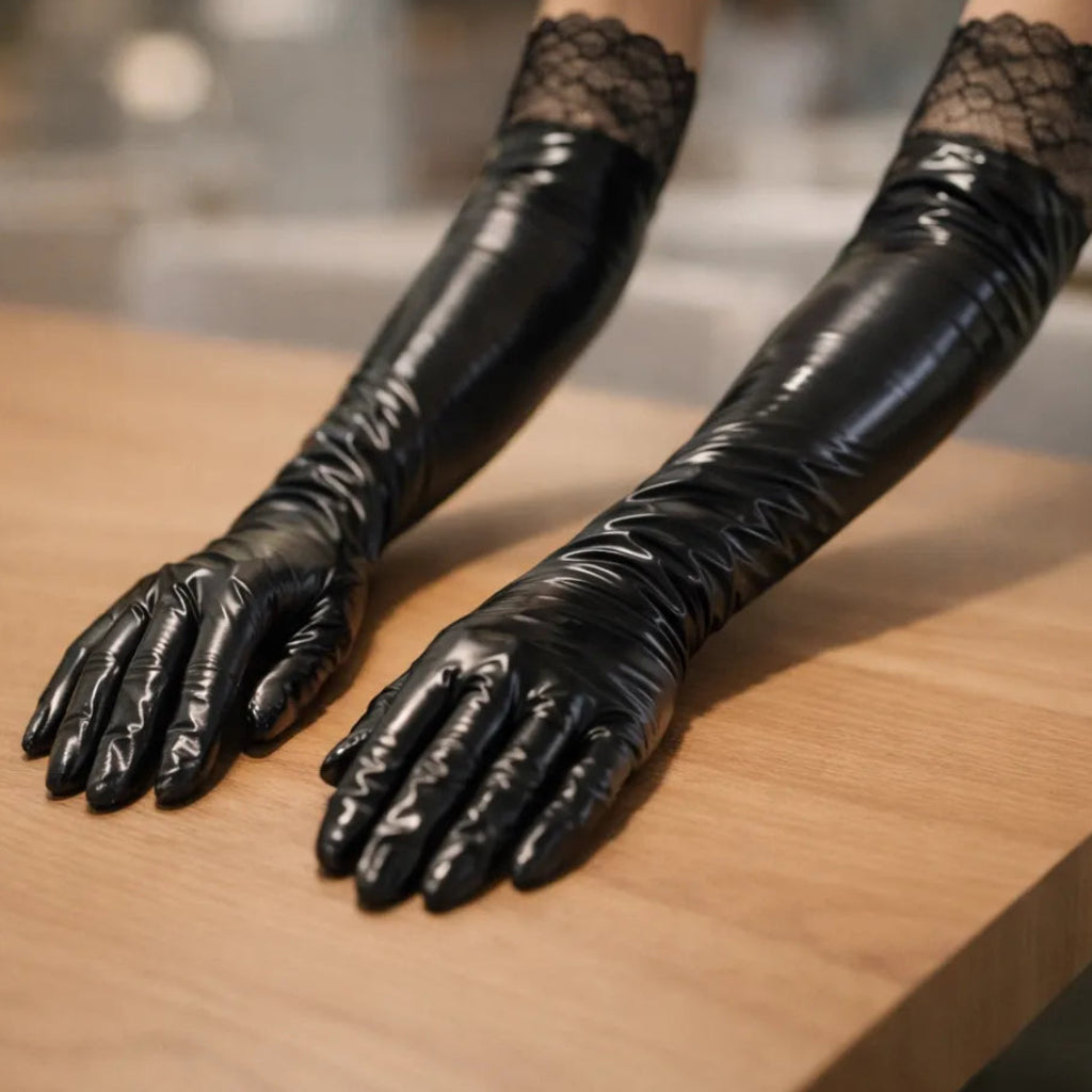 Long Shiny Steampunk Gloves with Lace