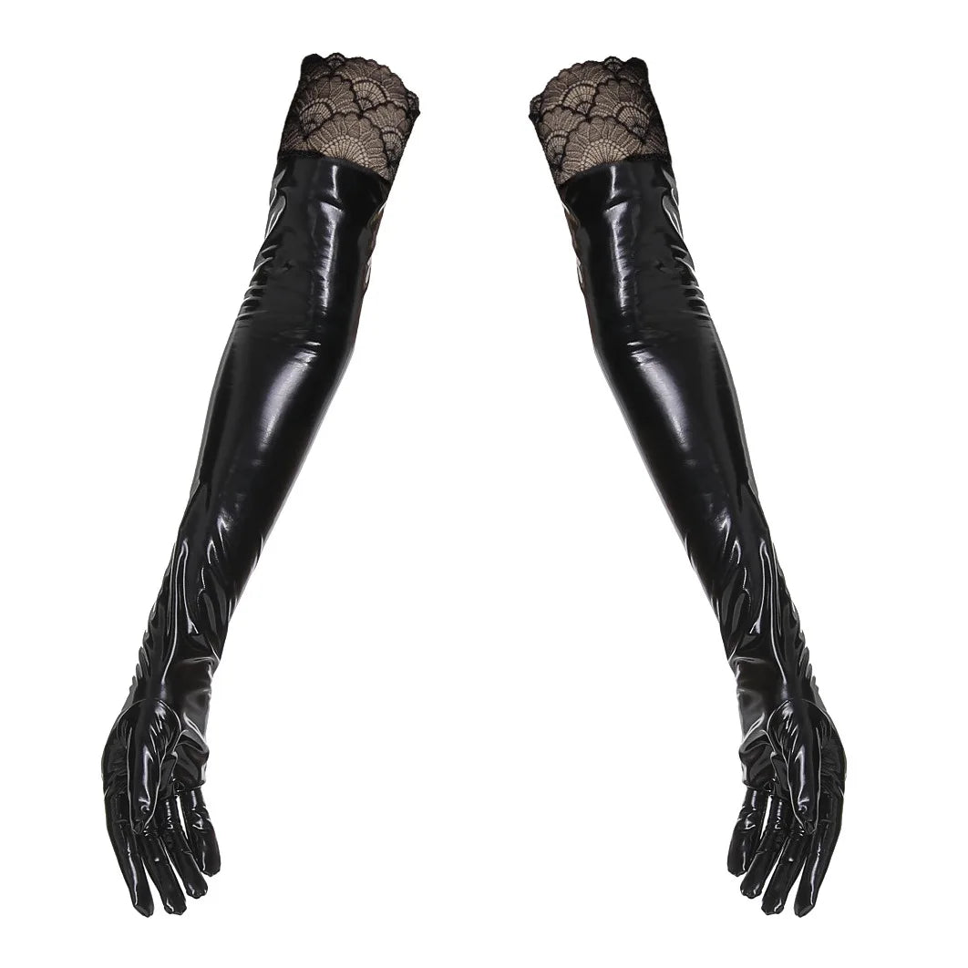 Long Shiny Steampunk Gloves with Lace Black