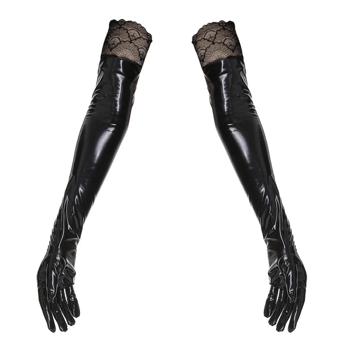 Long Shiny Steampunk Gloves with Lace Black