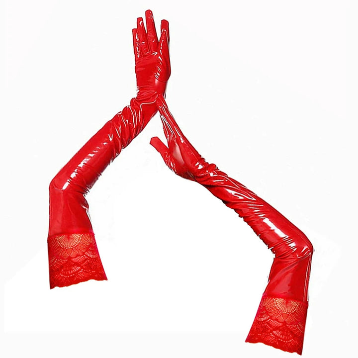 Long Shiny Steampunk Gloves with Lace Red