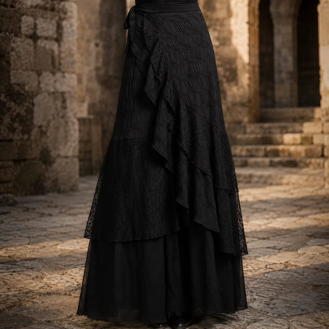 Long Steampunk Skirt With Asymmetrical Lace