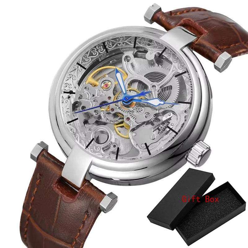 Luxury Automatic Steampunk Watch Brown Silver White