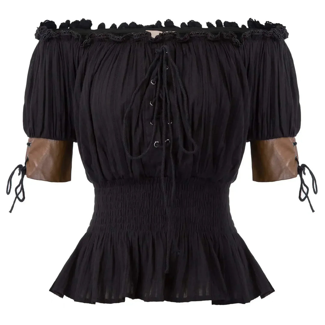 Medieval Retro Steampunk Off-Shoulder Shirt Black