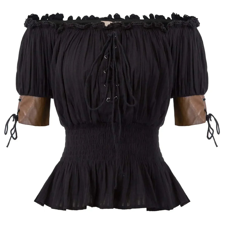 Medieval Retro Steampunk Off-Shoulder Shirt Black