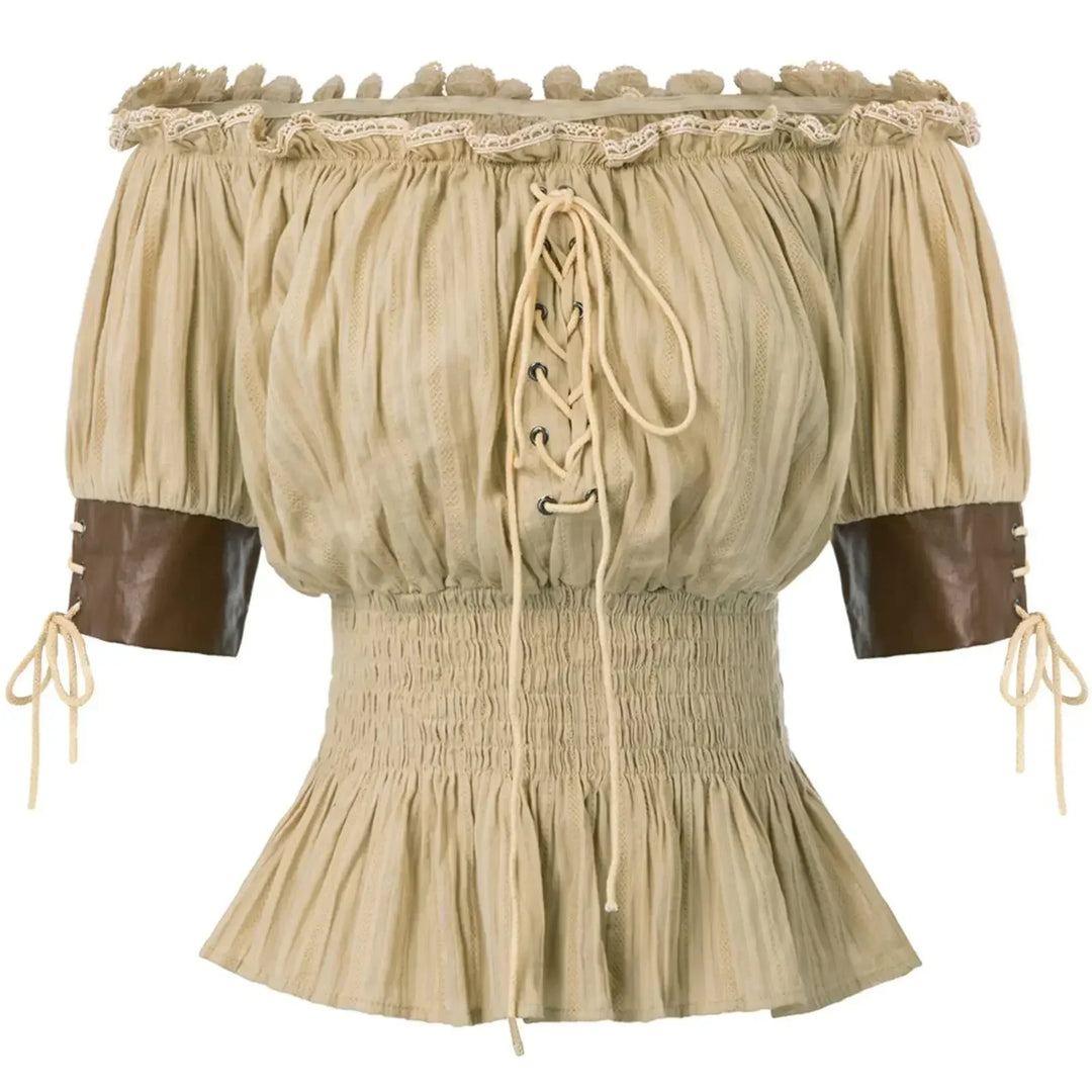 Medieval Retro Steampunk Off-Shoulder Shirt Khaki