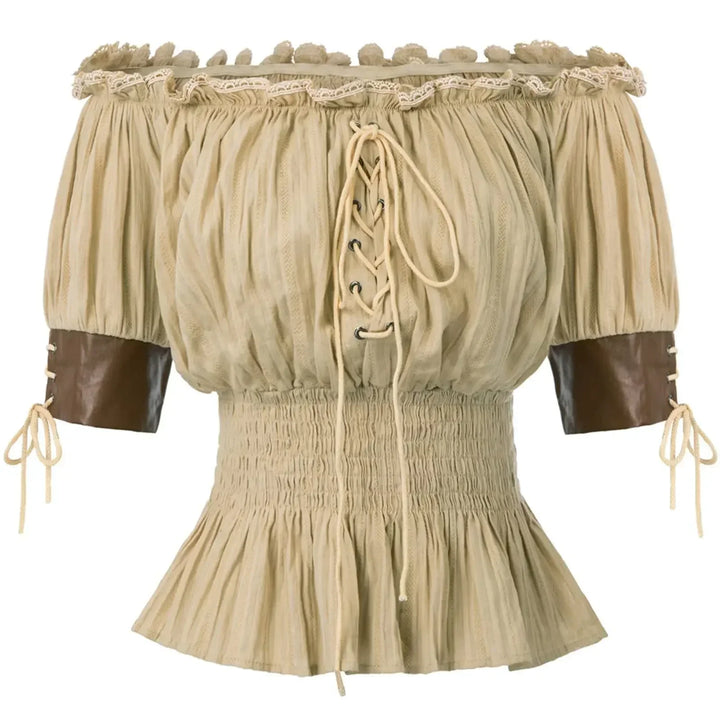 Medieval Retro Steampunk Off-Shoulder Shirt Khaki