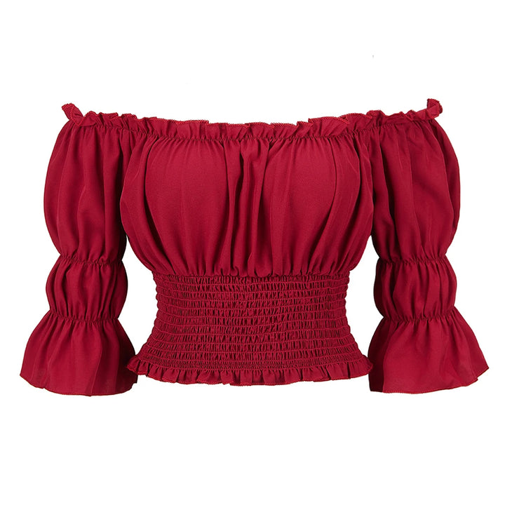 Medieval Steampunk Top Shirt With Three-Quarter Wine Red