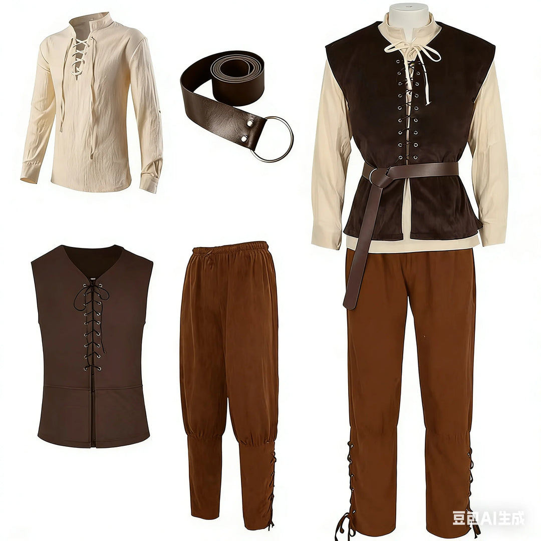 Men’s Medieval Steampunk Costume Set Beige Brown