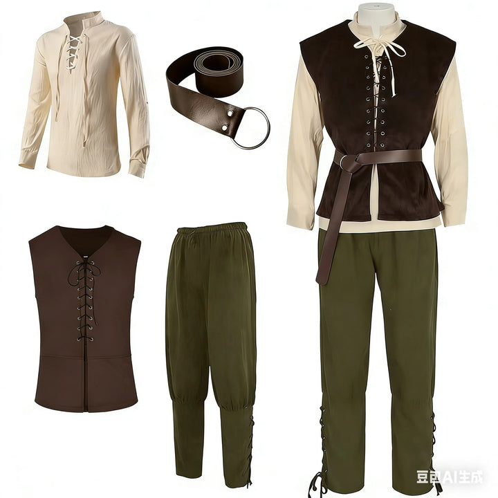 Men’s Medieval Steampunk Costume Set Beige Green