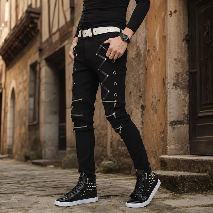 Men's Steampunk Skinny Jeans With Zippers