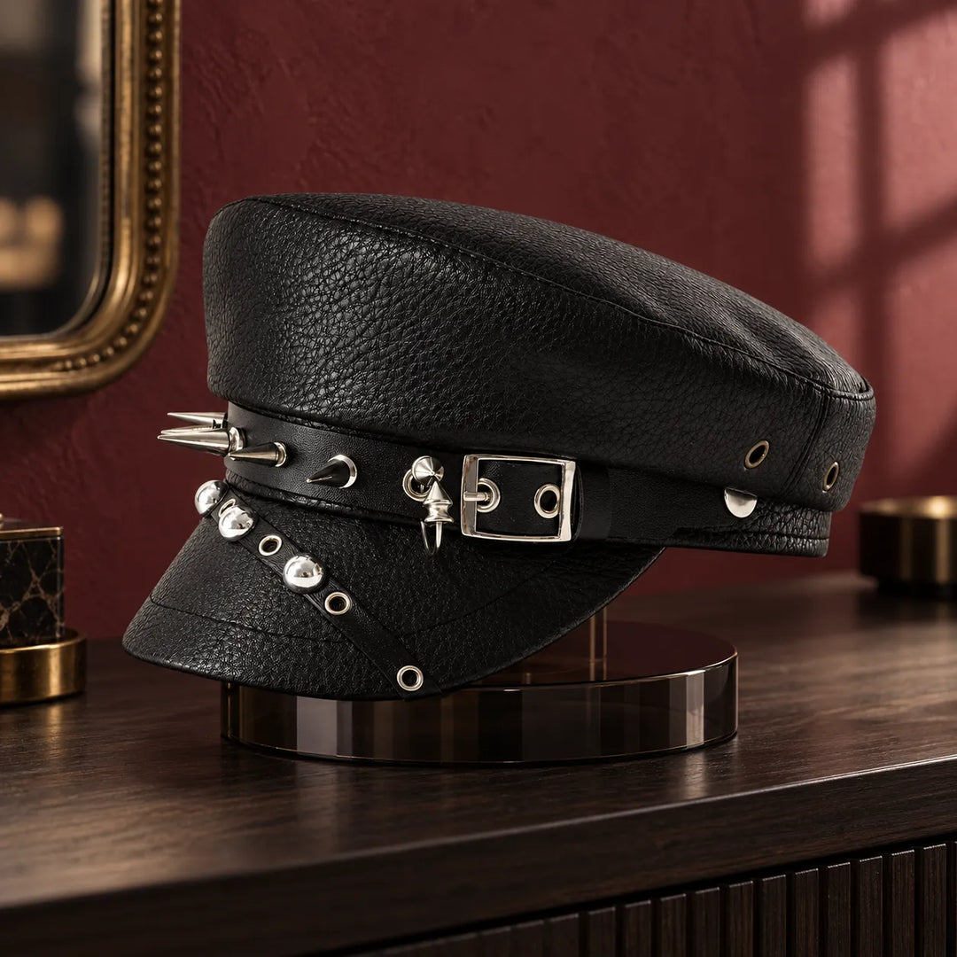 Military Steampunk Leather Hat With Rivets.
