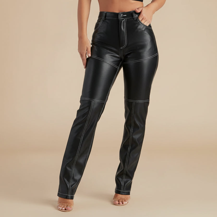 Minimalist Faux Leather Steampunk Pants Black