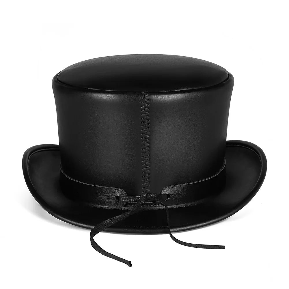Minimalist Steampunk Leather Hat Back Black