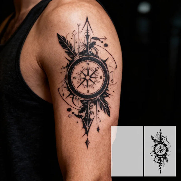 Original Steampunk Feather Compass Tattoo chic