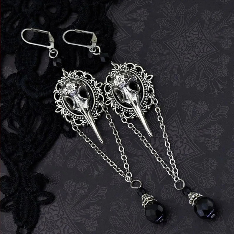 Raven Skull Dangle Earrings Steampunk