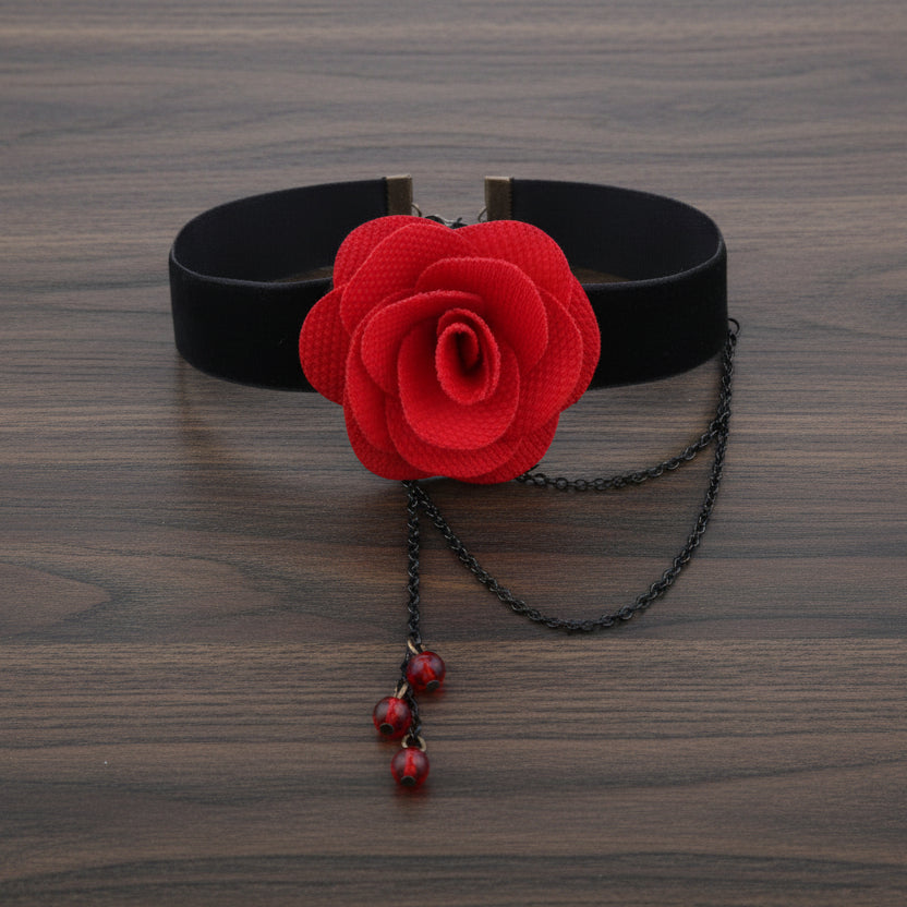 Refined Steampunk Necklace With Red Rose