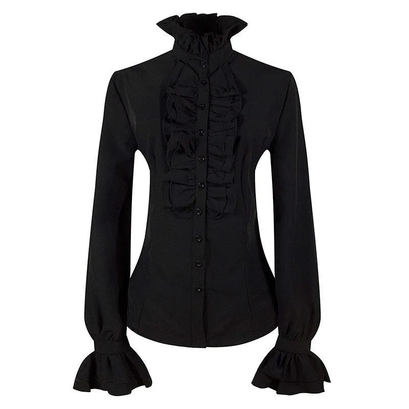 Refined Steampunk Ruffled Shirt Black