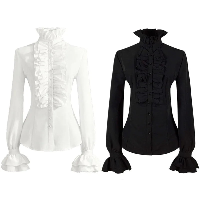 Refined Steampunk Ruffled Shirt Black and White