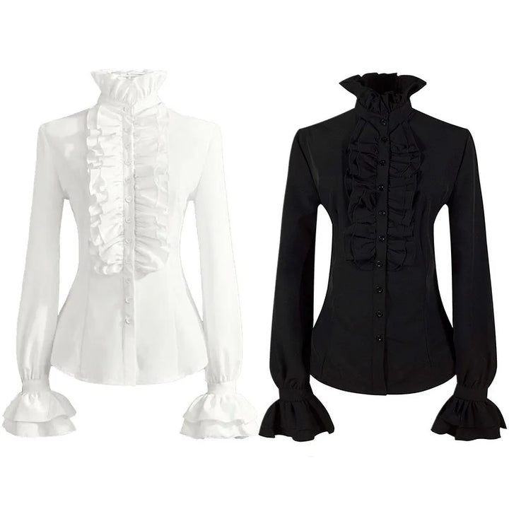 Refined Steampunk Ruffled Shirt Black and White