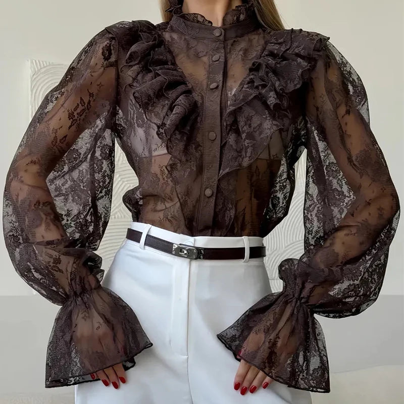 Refined Transparent Steampunk Lace Shirt feminine