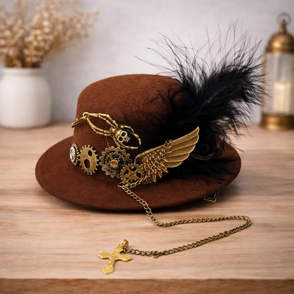 Retro Steampunk Bowler Hat With Feathers