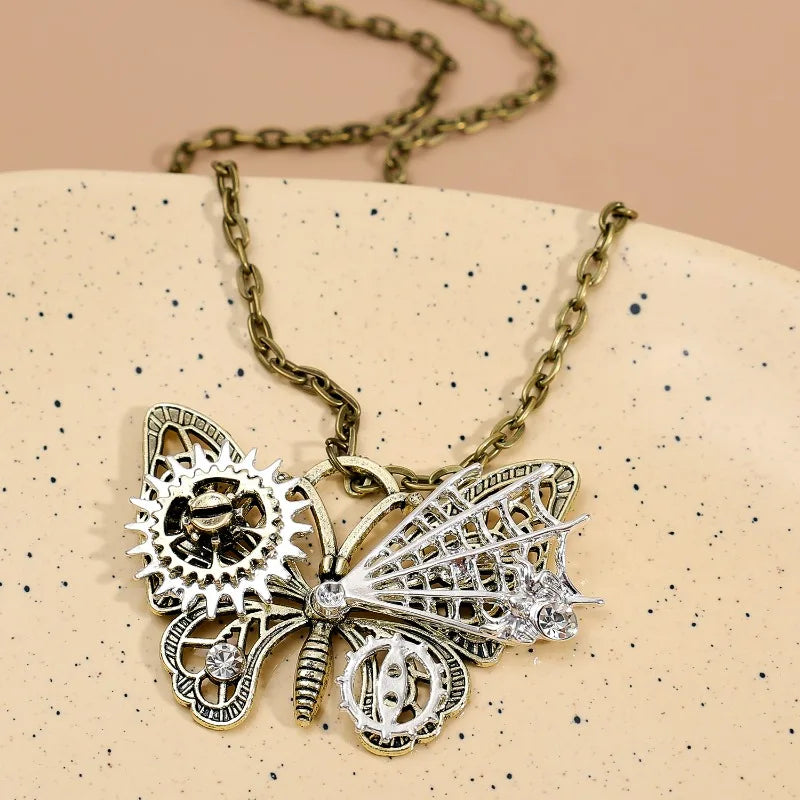 Retro Steampunk Butterfly Spider Web Necklace
