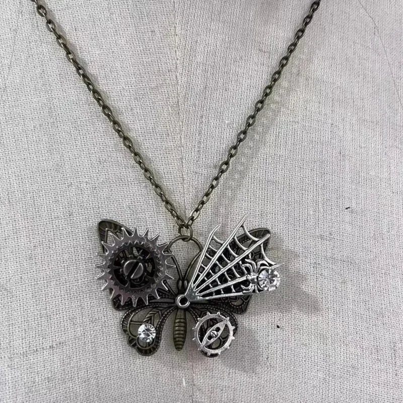 Retro Steampunk Butterfly Spider Web Necklace chic