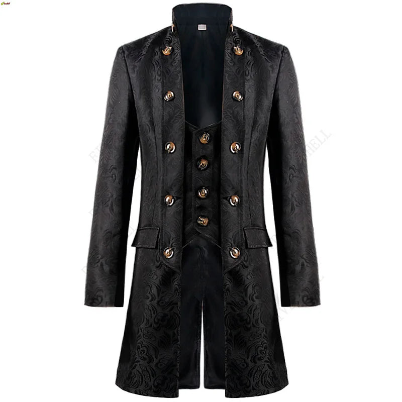 Retro Steampunk Jacquard Coat Black