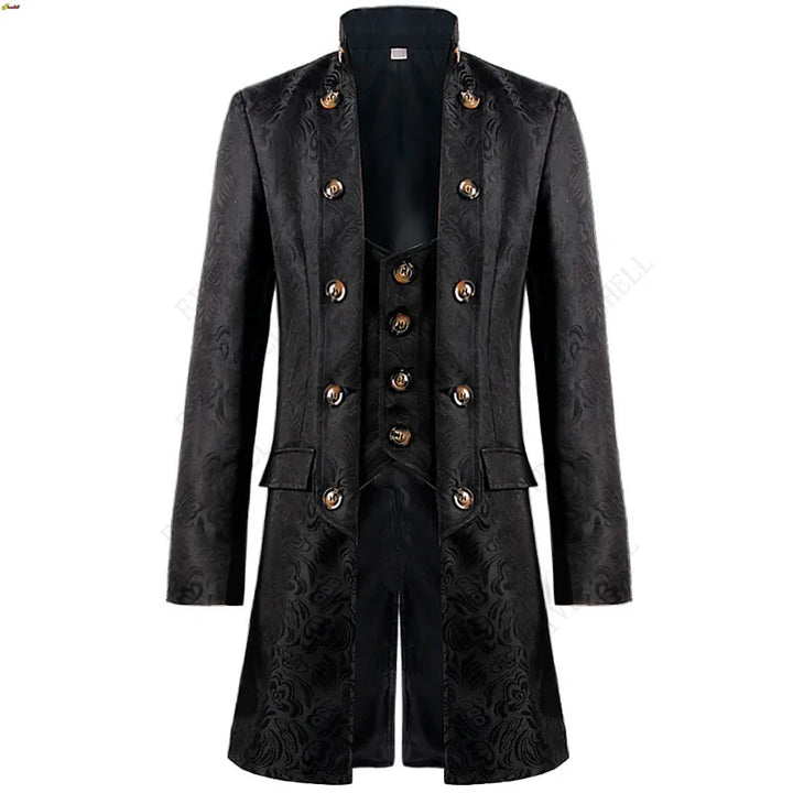 Retro Steampunk Jacquard Coat Black
