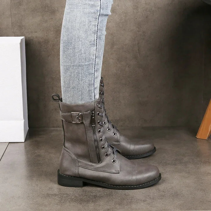 Retro flat steampunk ankle boots with metal accents