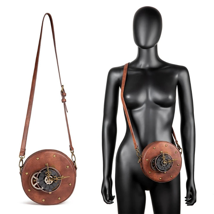 Round Steampunk Crossbody Bag With A Watch durable