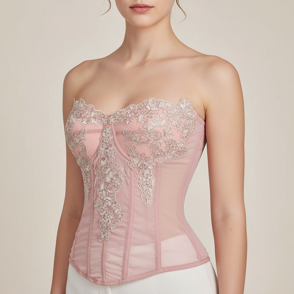 yilon CORSET LACE CAMI ピンク Historic pink satin overbust authentic corset with black lace