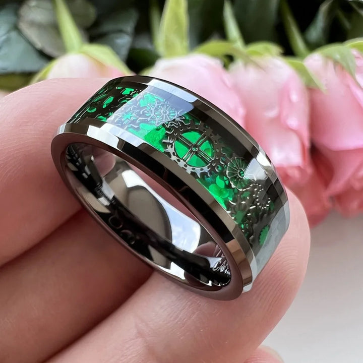 Green Polished Steampunk Ring With Gears bold