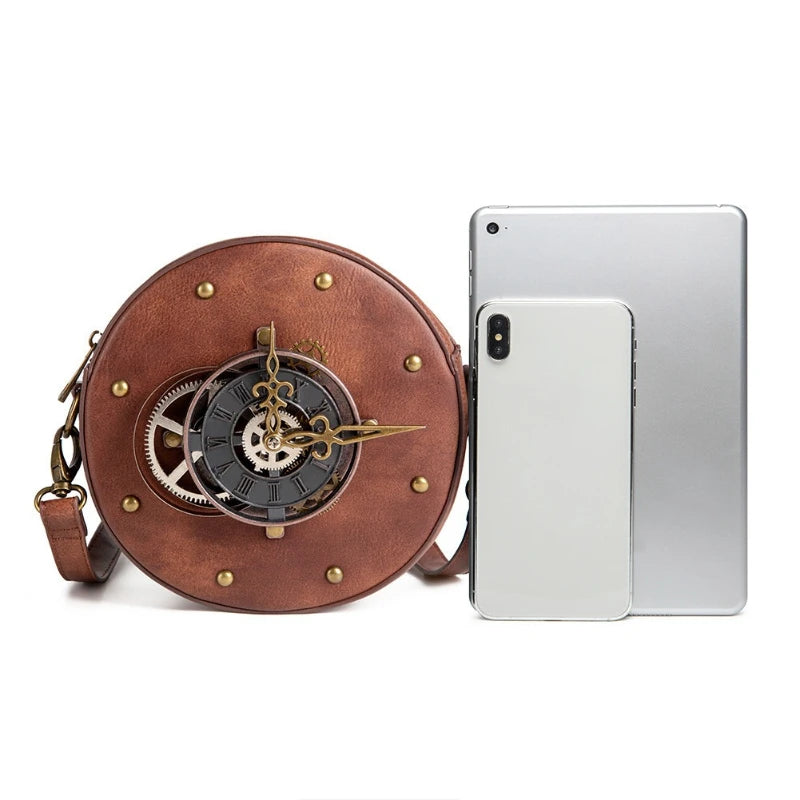 Round Steampunk Crossbody Bag With A Watch