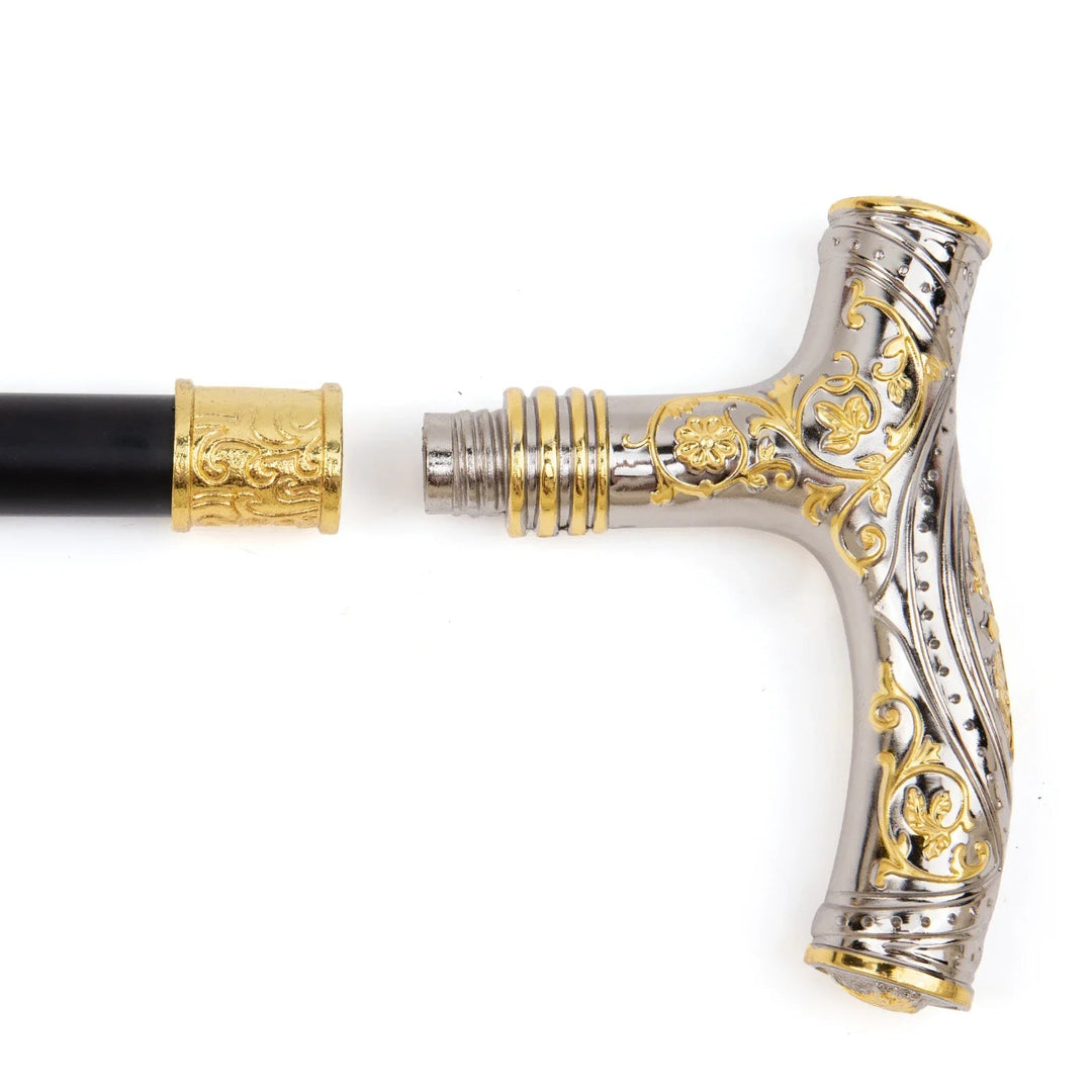 Silver And Gold Steampunk Cane With Patterns detachable